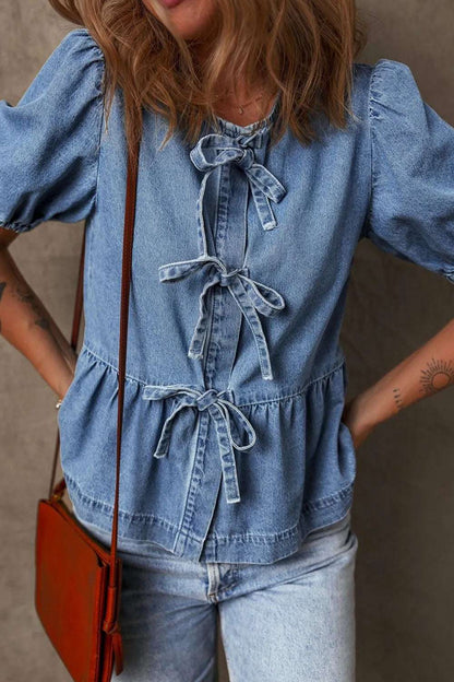 Tied Front Puff Sleeve Peplum Denim Shirt - Premium Women / Jeans & Denim from Trendsi - Just $41.86! Shop now at Handbags Specialist Headquarter