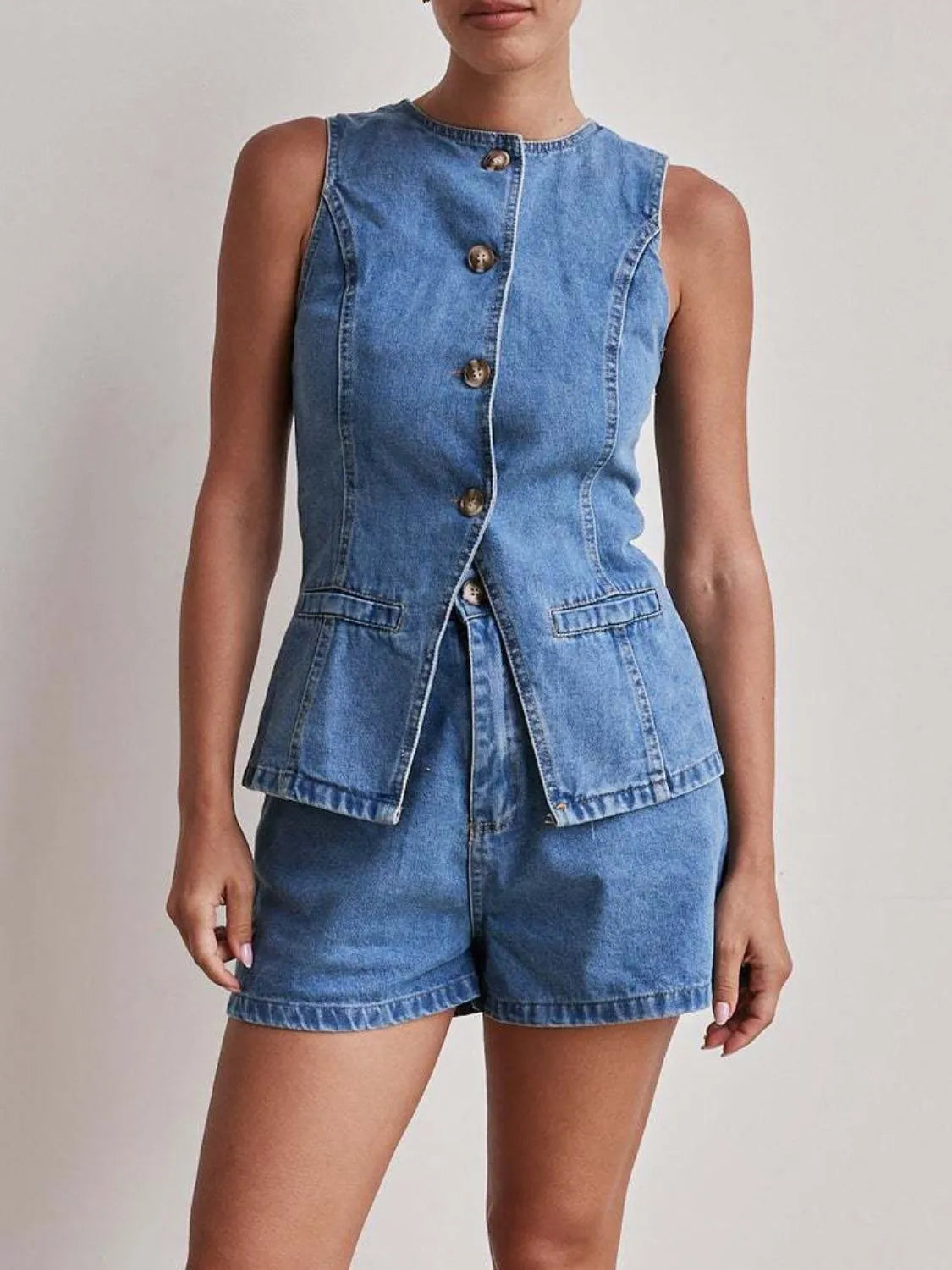 Button Down Vest and Shorts Denim Set - Premium Women / Jeans & Denim from Trendsi - Just $65.12! Shop now at Handbags Specialist Headquarter