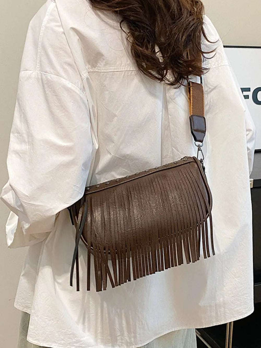 PU Leather Fringe Studded Crossbody Bag - Premium Crossbody Bag from Trendsi - Just $29.99! Shop now at Handbags Specialist Headquarter