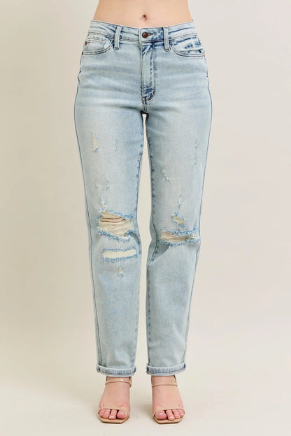 Judy Blue Full Size Mr Repair Stitch Detail Destroy Single Cuff Bf Jeans Plus Size - Premium Women / Jeans & Denim from Trendsi - Just $70.99! Shop now at Handbags Specialist Headquarter