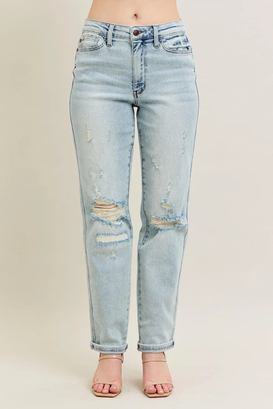 Judy Blue Full Size Mr Repair Stitch Detail Destroy Single Cuff Bf Jeans Plus Size - Premium Women / Jeans & Denim from Trendsi - Just $70.99! Shop now at Handbags Specialist Headquarter