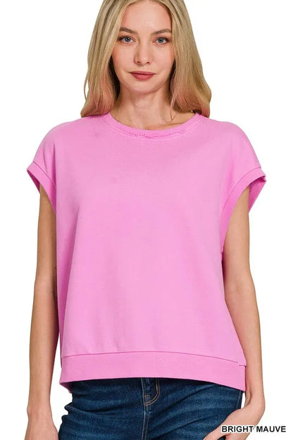 Zenana French Terry Round Neck Cap Sleeve T-Shirt - Premium Women / Tops from Trendsi - Just $20.48! Shop now at Handbags Specialist Headquarter