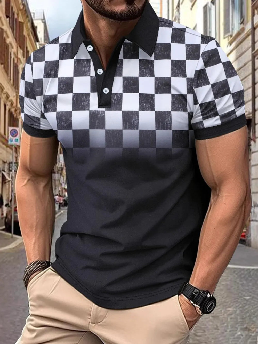Men's Full Size Collared Checkered Short Sleeve Polo Plus Size - Premium Men's Polo shirt from Trendsi - Just $30.99! Shop now at Handbags Specialist Headquarter
