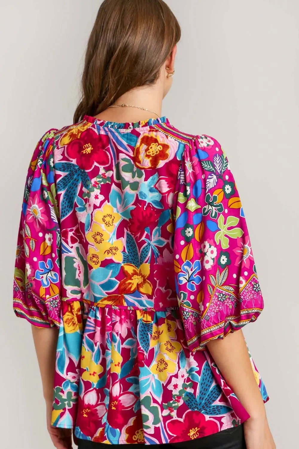 Umgee Full Size Floral Print Tie Neck Peplum Blouse Plus Size - Premium Dresses from Trendsi - Just $35.99! Shop now at Handbags Specialist Headquarter