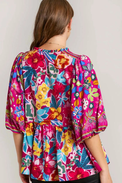 Umgee Full Size Floral Print Tie Neck Peplum Blouse Plus Size - Premium Dresses from Trendsi - Just $35.99! Shop now at Handbags Specialist Headquarter