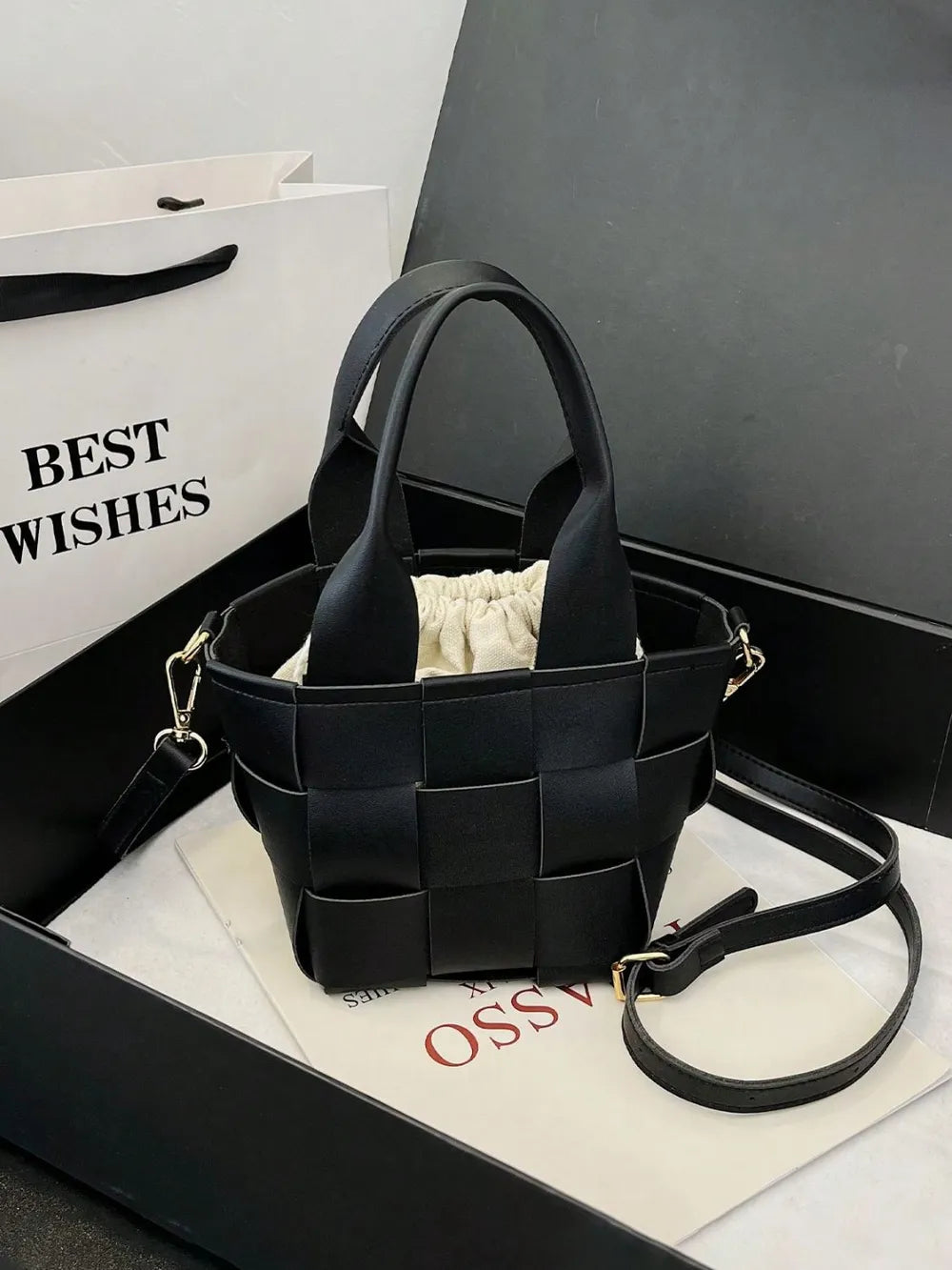 PU Leather Braided Bucket Bag - Premium Tote Bag from Trendsi - Just $33.99! Shop now at Handbags Specialist Headquarter