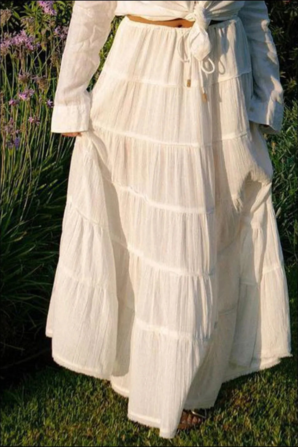 Bohemian Tiered Maxi Skirt with Drawstring Waist - Premium Skirts from Trendsi - Just $38.99! Shop now at Handbags Specialist Headquarter