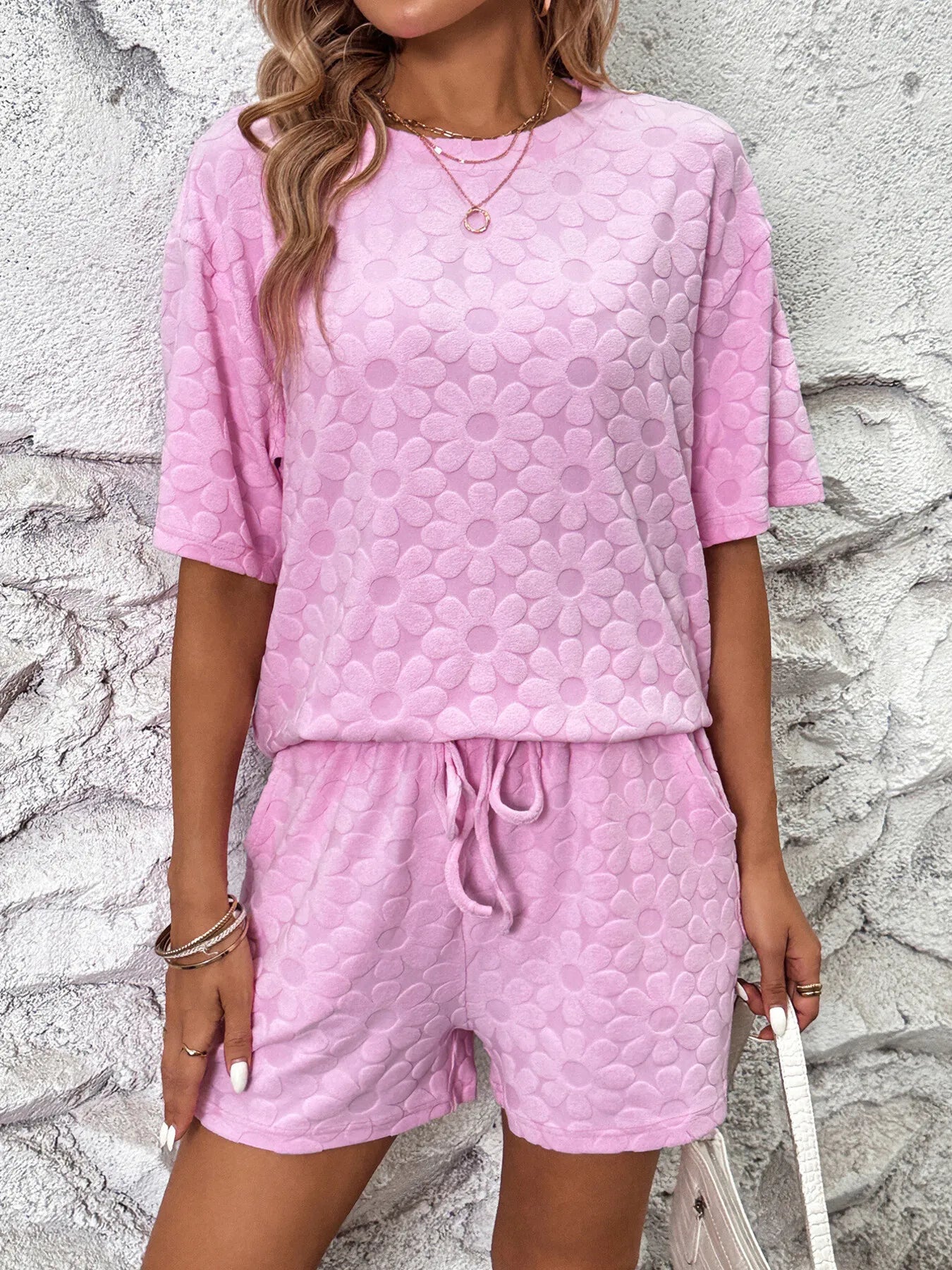 Flower Round Neck Top and Shorts Lounge Set - Premium Sleepwear from Trendsi - Just $43.99! Shop now at Handbags Specialist Headquarter