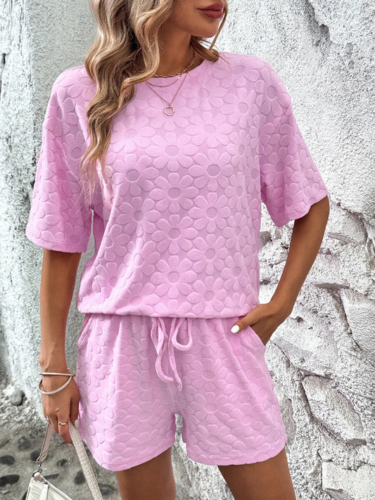Flower Round Neck Top and Shorts Lounge Set - Premium Sleepwear from Trendsi - Just $43.99! Shop now at Handbags Specialist Headquarter