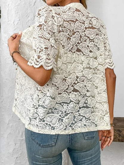 Button Down Half Sleeve Lace Shirt - Premium Women's Down Shirt Tops from Trendsi - Just $27.74! Shop now at Handbags Specialist Headquarter