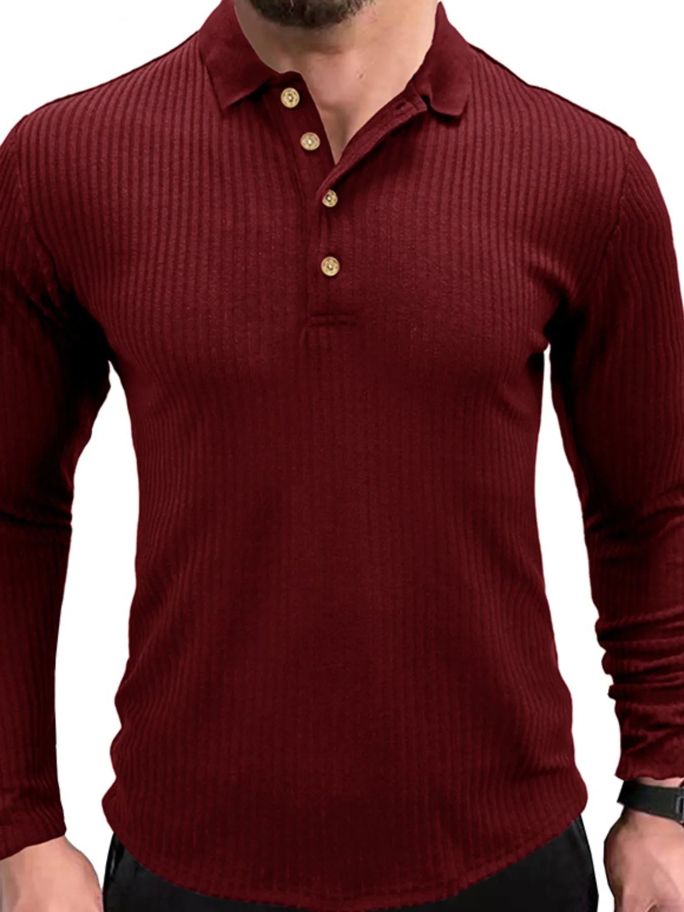 Men's Ribbed Knit Long Sleeve Polo - Premium Men's Polo shirt from Trendsi - Just $28.18! Shop now at Handbags Specialist Headquarter