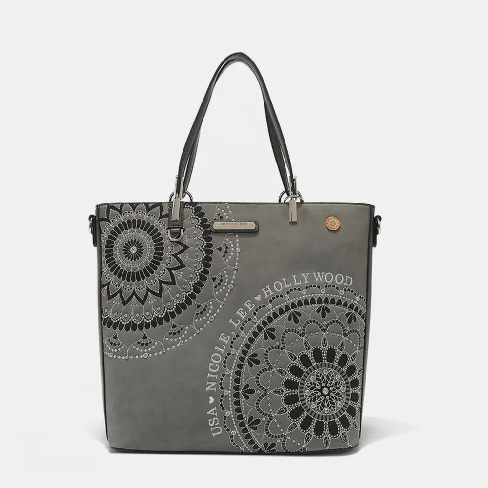 Nicole Lee USA Metallic Stitching Embroidery Inlaid Rhinestone Tote Bag - Premium Tote Bag from Trendsi - Just $64.99! Shop now at Handbags Specialist Headquarter