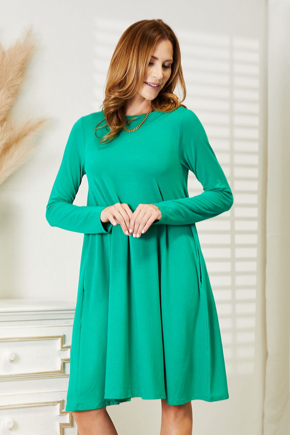 Zenana Full Size Long Sleeve Flare Dress with Pockets - Premium Dresses from Trendsi - Just $19.99! Shop now at Handbags Specialist Headquarter
