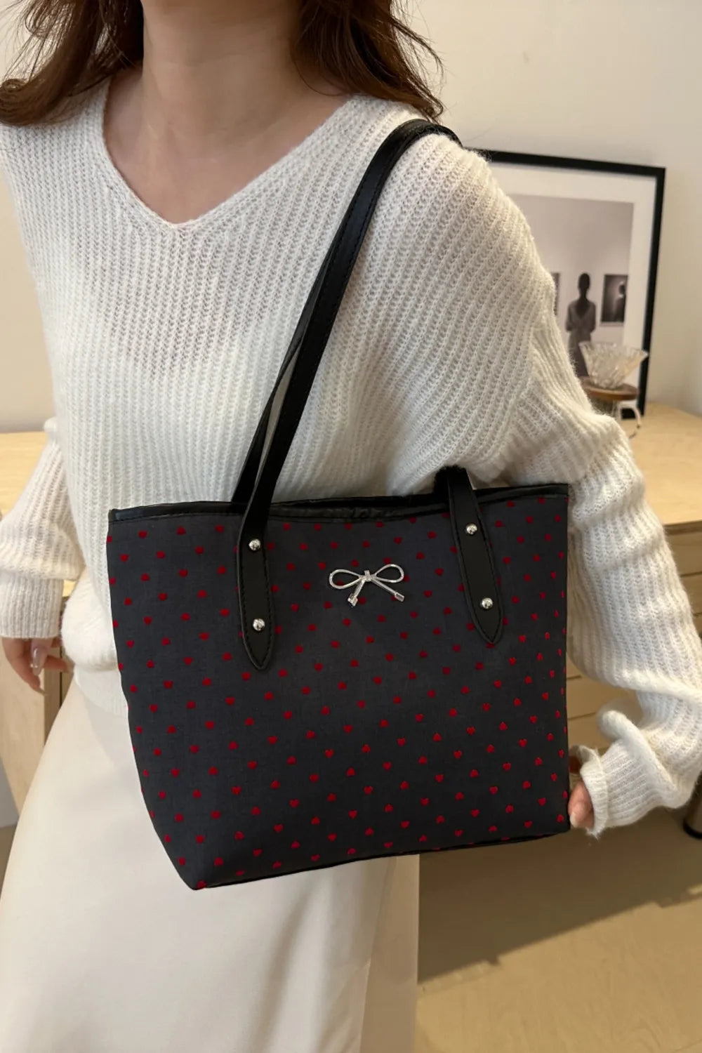 Bow Trim Polyester Tote Bag - Premium Tote Bag from Trendsi - Just $39.99! Shop now at Handbags Specialist Headquarter