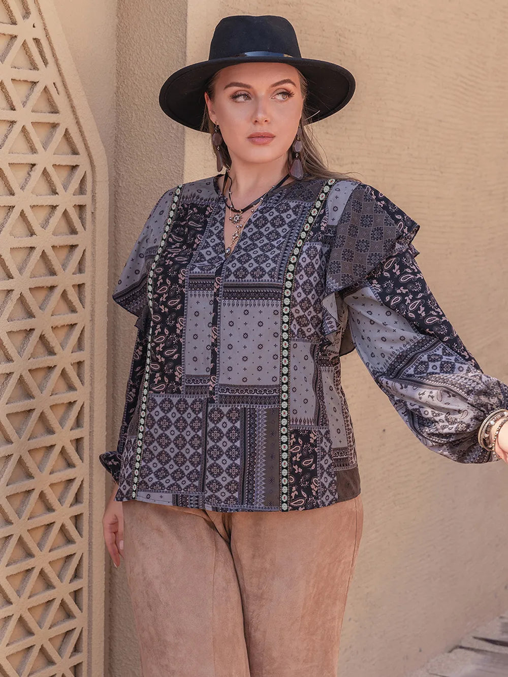 Plus Size Ruffled Printed Notched Long Sleeve Blouse - Premium Plus Size Shirts from Trendsi - Just $31.52! Shop now at Handbags Specialist Headquarter