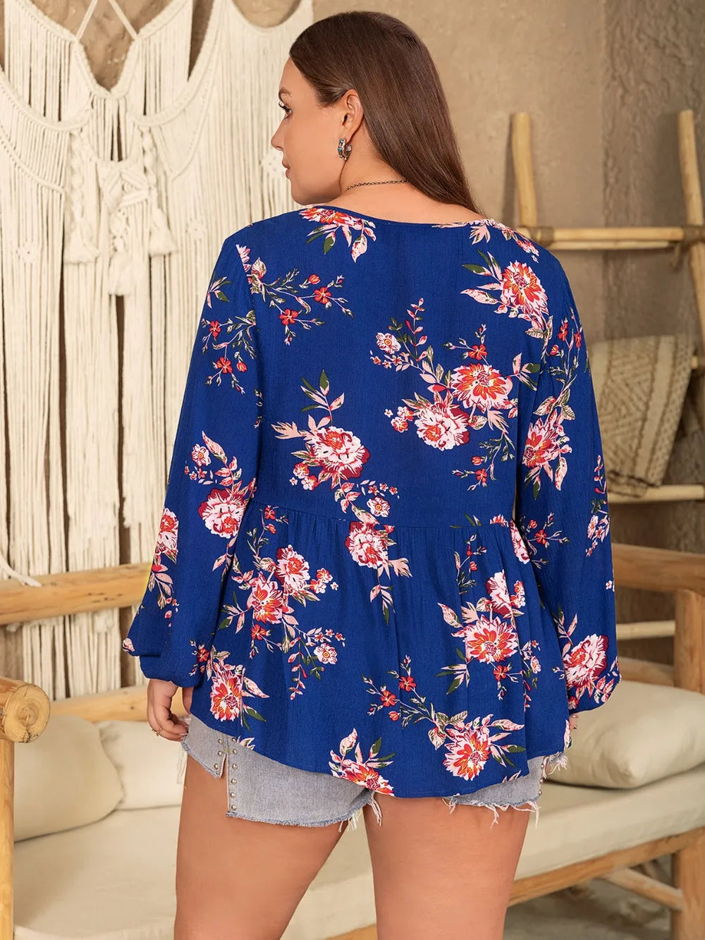 Plus Size Printed Tie Neck Balloon Sleeve Blouse - Premium Plus Size Shirts from Trendsi - Just $28! Shop now at Handbags Specialist Headquarter