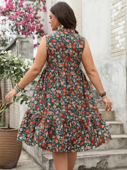 Plus Size Floral Notched Sleeveless Dress.