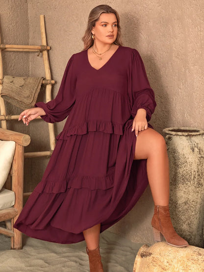 Plus Size Ruffled V-Neck Long Sleeve Dress - Premium Dresses from Trendsi - Just $46.99! Shop now at Handbags Specialist Headquarter