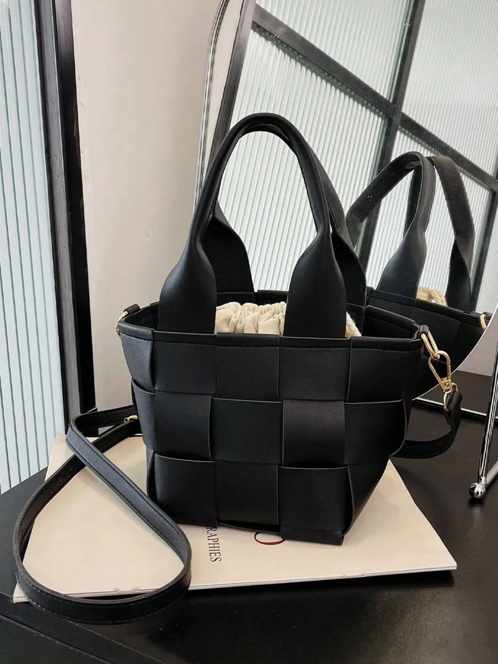 PU Leather Braided Bucket Bag - Premium Tote Bag from Trendsi - Just $33.99! Shop now at Handbags Specialist Headquarter