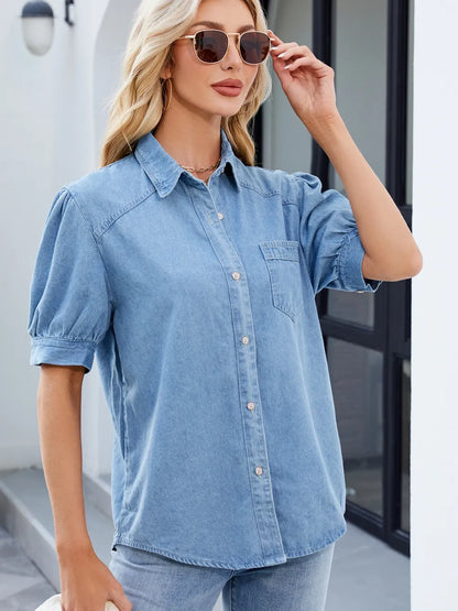 Collared Neck Button Up Denim Shirt - Premium Women / Jeans & Denim from Trendsi - Just $37.50! Shop now at Handbags Specialist Headquarter