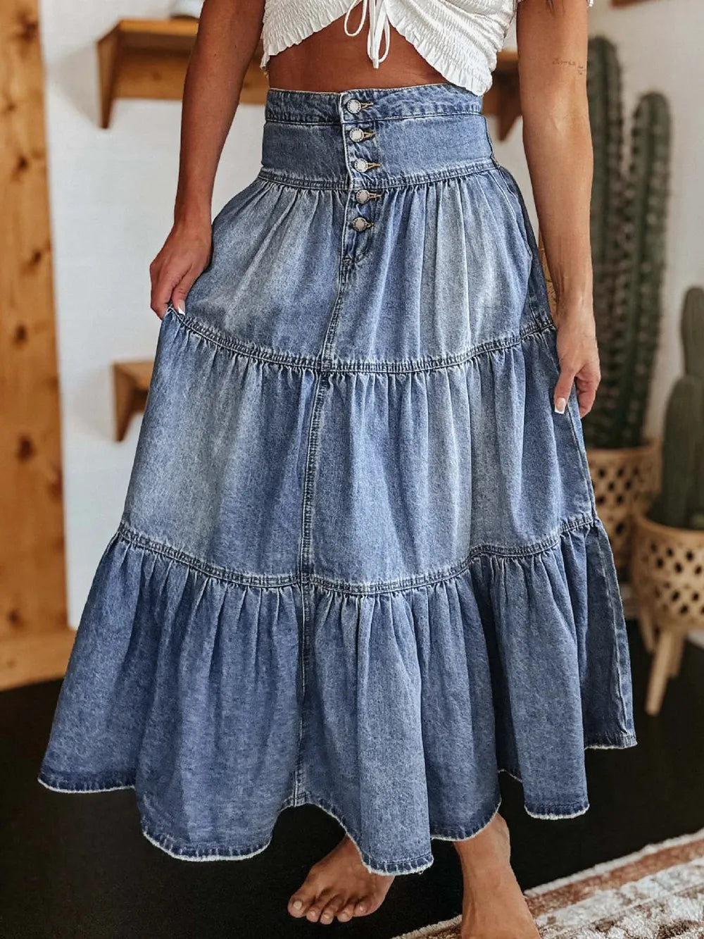 Tiered Button-Fly Denim Skirt - Premium Skirts from Trendsi - Just $52.99! Shop now at Handbags Specialist Headquarter
