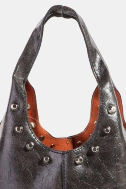 Fame Weathered Faux Leather And Studs Bucket Bag - Premium Crossbody Bag from Trendsi - Just $25.99! Shop now at Handbags Specialist Headquarter