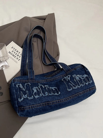 Letter Raw Edge Denim Handbag - Premium Tote Bag from Trendsi - Just $33.99! Shop now at Handbags Specialist Headquarter