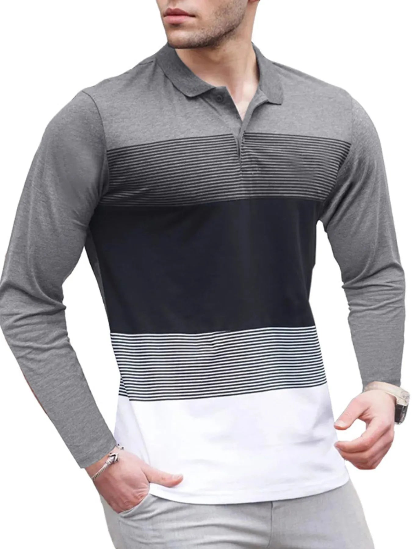 Men's Color Block Striped Long Sleeve Polo Shirt - Premium Men's Polo shirt from Trendsi - Just $39.99! Shop now at Handbags Specialist Headquarter