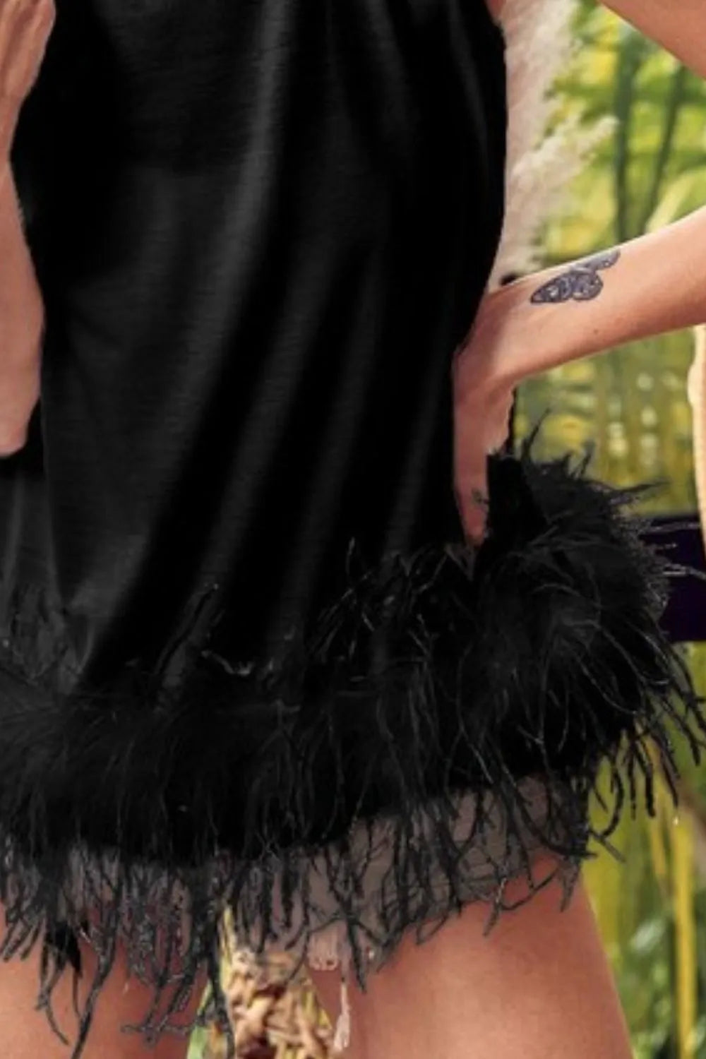 BiBi French Terry Faux Feather Bottom Back Tied Top - Premium Bottoms from Trendsi - Just $42.18! Shop now at Handbags Specialist Headquarter