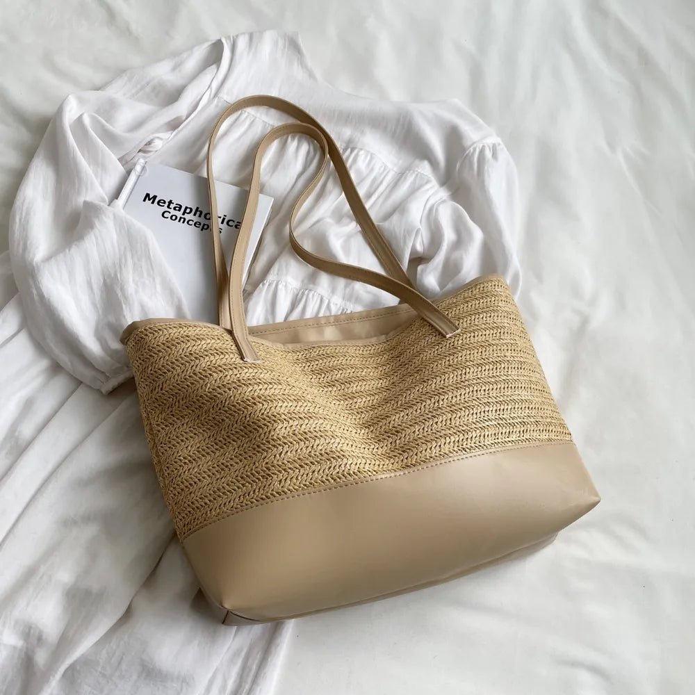 Straw Weave Leather Strap Tote Bag - Premium Tote Bag from Trendsi - Just $39.99! Shop now at Handbags Specialist Headquarter