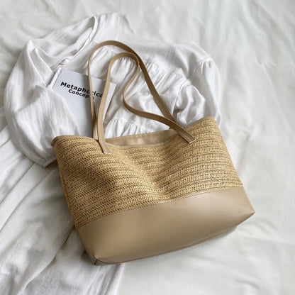 Straw Weave Leather Strap Tote Bag - Premium Tote Bag from Trendsi - Just $39.99! Shop now at Handbags Specialist Headquarter