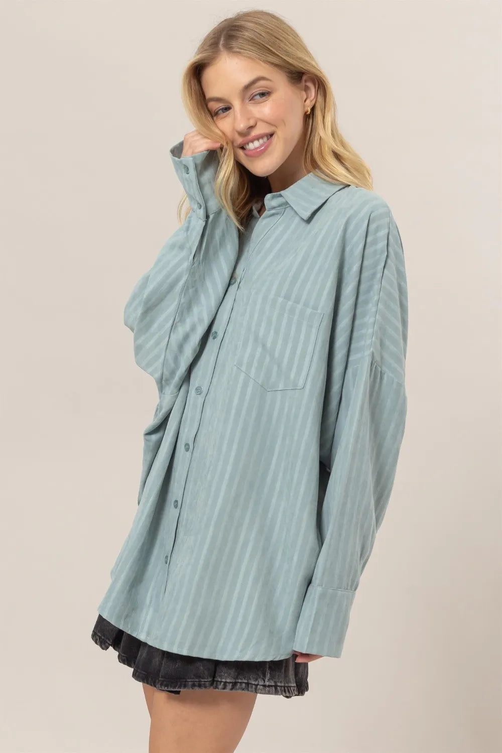 HYFVE Stripe Button Down Long Sleeve Oversized Shirt - Premium Women / Jeans & Denim from Trendsi - Just $36.30! Shop now at Handbags Specialist Headquarter