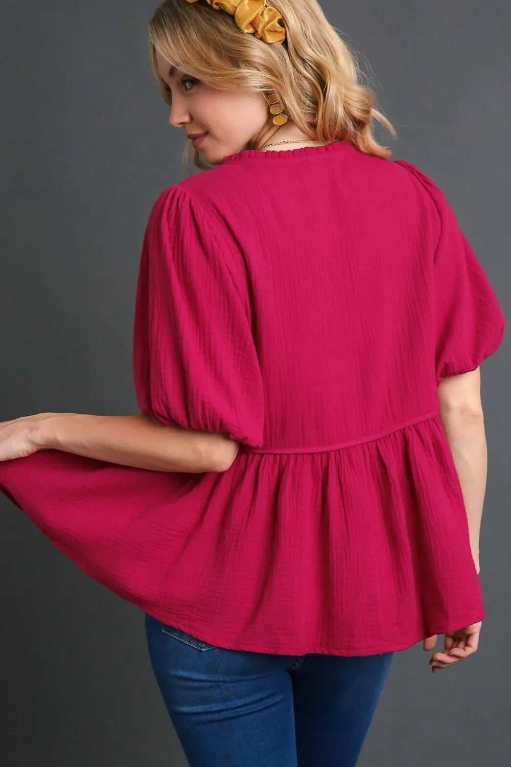 Umgee Full Size Cotton Gauze Floral Embroidery Babydoll Blouse Plus Size - Premium Dresses from Trendsi - Just $55.99! Shop now at Handbags Specialist Headquarter