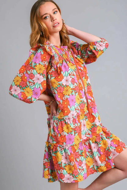 Umgee Full Size Ruffled Flower Print Tie Neck Tiered Dress Plus Size.