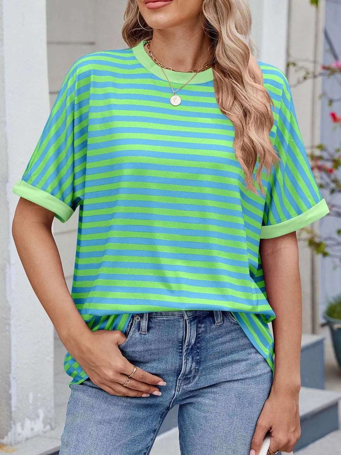 Striped Round Neck Half Sleeve T-Shirt - Premium Women / Tops from Trendsi - Just $19.34! Shop now at Handbags Specialist Headquarter