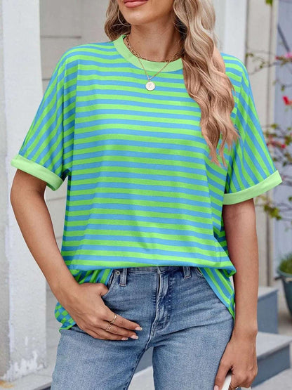 Striped Round Neck Half Sleeve T-Shirt - Premium Women / Tops from Trendsi - Just $19.34! Shop now at Handbags Specialist Headquarter
