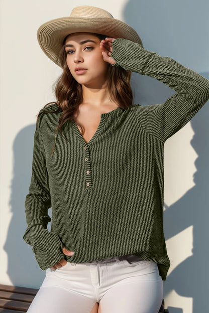 Double Take Full Size Notched Thumbhole Long Sleeve T-Shirt - Premium Tops from Trendsi - Just $25.88! Shop now at Handbags Specialist Headquarter