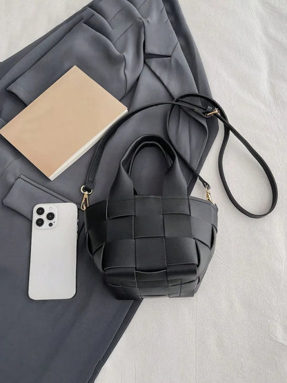 PU Leather Braided Bucket Bag - Premium Tote Bag from Trendsi - Just $33.99! Shop now at Handbags Specialist Headquarter