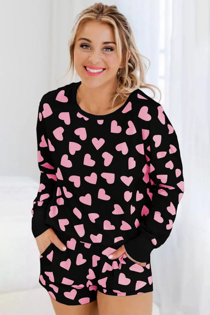 Heart Print Long Sleeve Top and Shorts Lounge Set - Premium Sleepwear from Trendsi - Just $37.99! Shop now at Handbags Specialist Headquarter