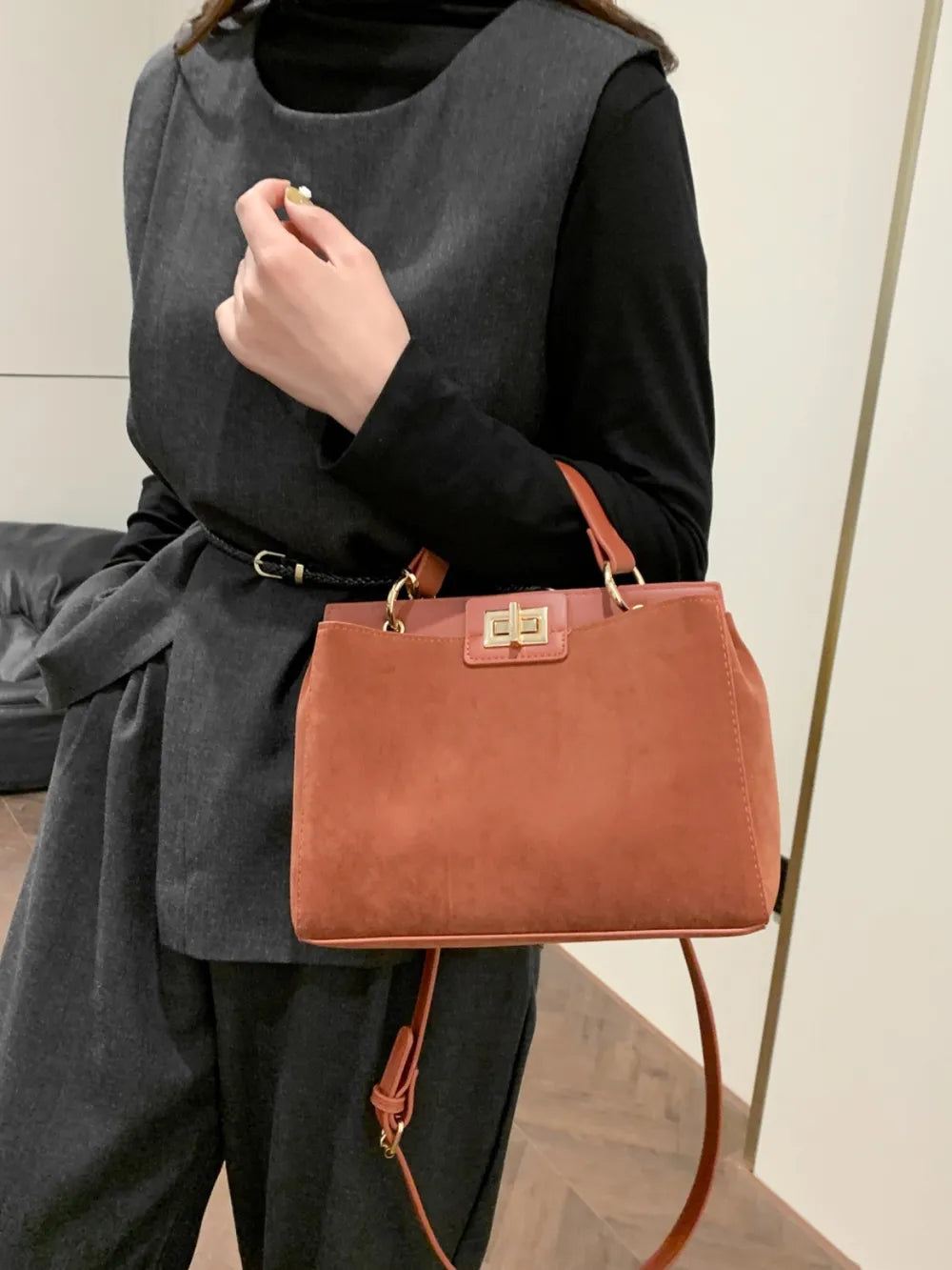 Solid Color Handbag with Removable Strap - Premium handbags from Trendsi - Just $33.99! Shop now at Handbags Specialist Headquarter