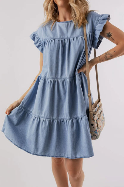 Ruffle Cap Sleeve Tiered A-line Denim Dress - Premium Women / Jeans & Denim from Trendsi - Just $49.18! Shop now at Handbags Specialist Headquarter