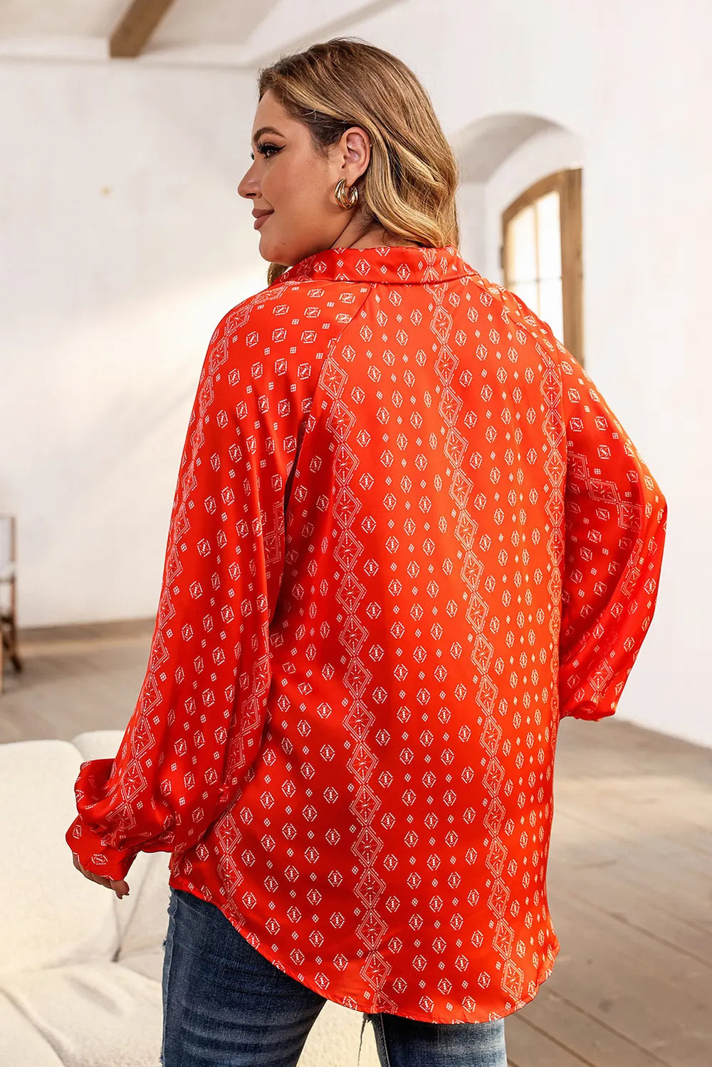 Plus Size Printed Johnny Collar Long Sleeve Blouse - Premium Plus Size Shirts from Trendsi - Just $29! Shop now at Handbags Specialist Headquarter