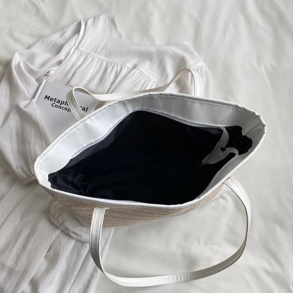 Straw Weave Leather Strap Tote Bag - Premium Tote Bag from Trendsi - Just $39.99! Shop now at Handbags Specialist Headquarter