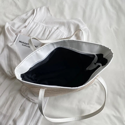 Straw Weave Leather Strap Tote Bag - Premium Tote Bag from Trendsi - Just $39.99! Shop now at Handbags Specialist Headquarter