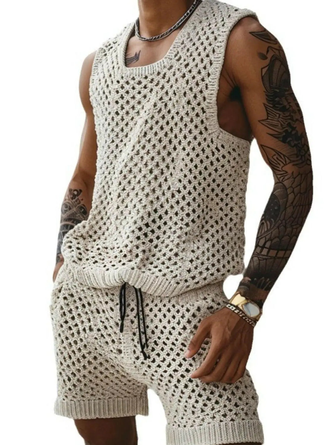 Men's Plus Size Hollow Out Round Neck Tank and Shorts Set.