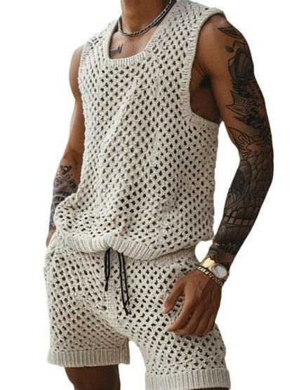 Men's Plus Size Hollow Out Round Neck Tank and Shorts Set.
