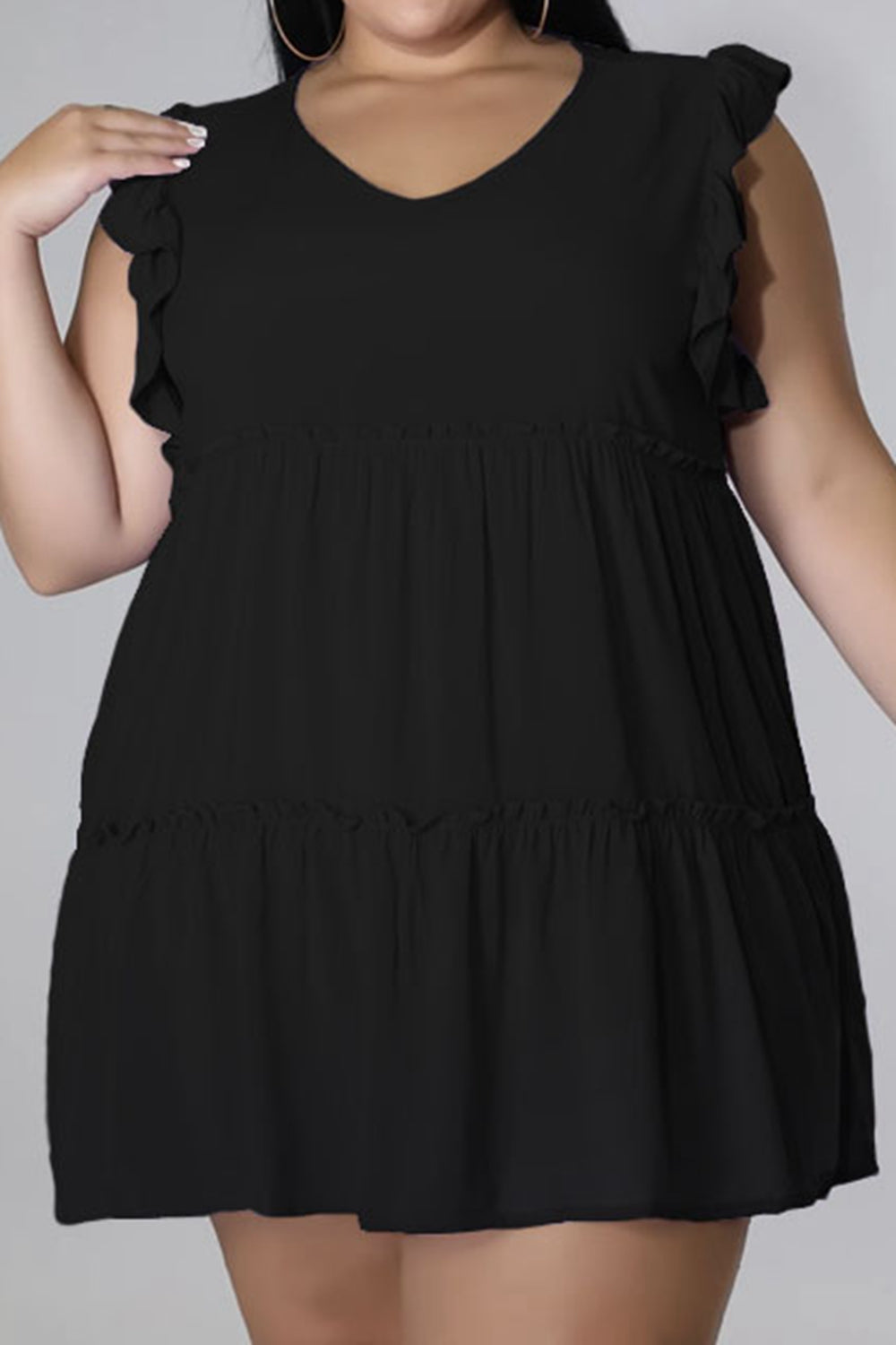 Plus Size V-Neck Frill Trim Mini Dress - Premium Dresses from Trendsi - Just $36.99! Shop now at Handbags Specialist Headquarter