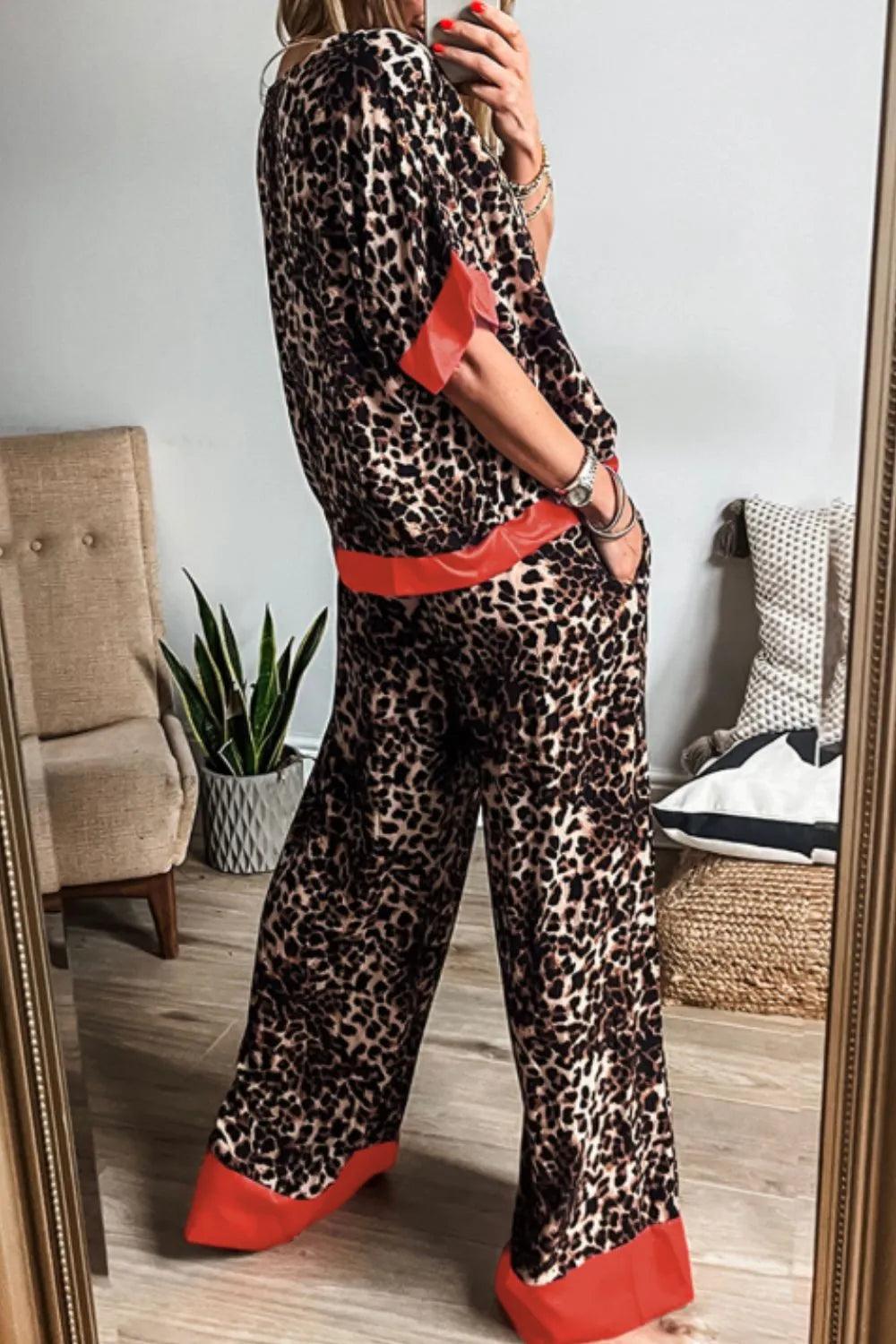 Contrast Trim Leopard Round Neck Top and Pants Lounge Set - Premium Sleepwear from Trendsi - Just $53.99! Shop now at Handbags Specialist Headquarter