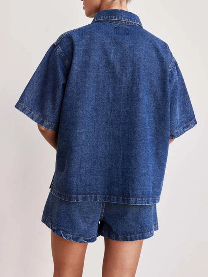 Button Up Short Sleeve Top and Shorts Denim Set - Premium Women / Jeans & Denim from Trendsi - Just $66.70! Shop now at Handbags Specialist Headquarter