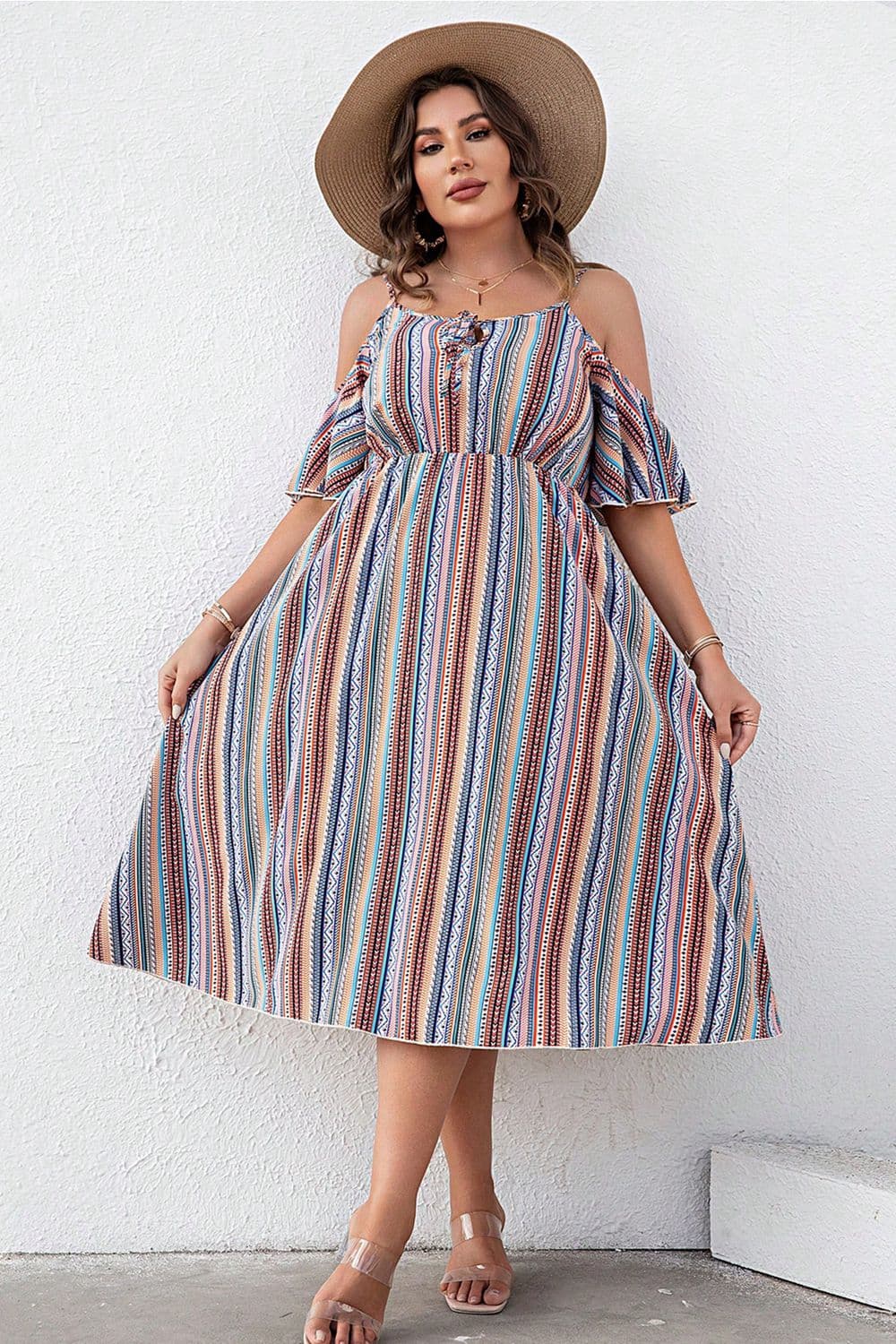 Plus Size Striped Cold-Shoulder Dress - Premium Dresses from Trendsi - Just $45.99! Shop now at Handbags Specialist Headquarter
